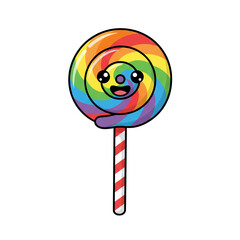 Joyful rainbow swirl lollipop character with happy face and red striped stick, perfect for children's designs and sweet promotions