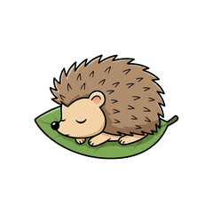 Adorable cartoon hedgehog peacefully sleeping on a vibrant green leaf, bringing cozy charm and natural tranquility to any project.