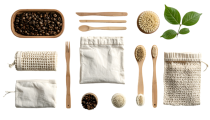 Flatlay showcasing eco-friendly items bamboo utensils, reusable bags, coffee beans, natural bath accessories, and mesh scrubbers
