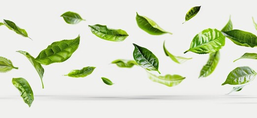 Vibrant green leaves float against a clean white backdrop, creating a sense of airy lightness and natural freshness