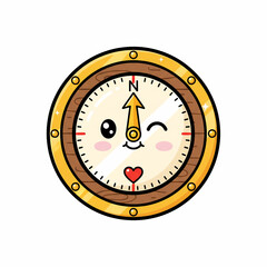 Adorable kawaii compass character winks with a heart and points north, perfect for travel, education, or fun adventure themes