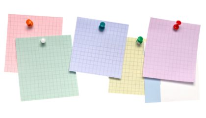 Four multicolored sticky notes, various shades of pastel, with small pushpins, arranged overlapping, on a gridded pattern