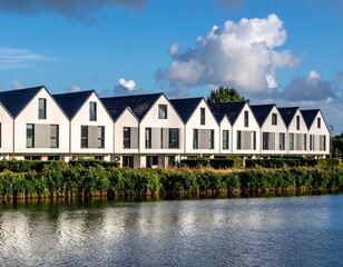 Modern houses by a canal on a sunny day