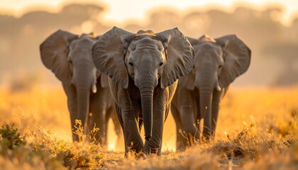 Obraz premium Majestic African Elephants Walking Together in Golden Light.
