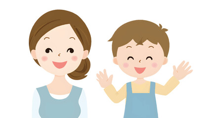 Cheerful cartoon mother and son