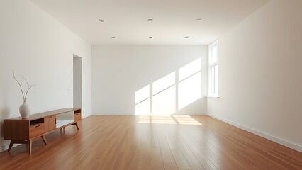 Minimalist living room with clean white walls and warm wood flooring, featuring mid-century modern furniture and soft natural light.
