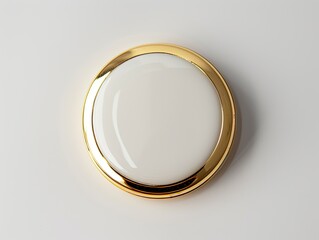 A circular, off-white disc with a gold-colored metal frame, set against a plain white background.  The image is a simple, close-up product shot