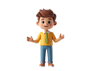 Young boy 3D character smiling with open arms in a welcoming gesture. Friendly cartoon student or businessman mascot for presentation.