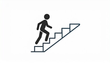 Icon illustration of a person climbing black stairs, symbolizing progress, ambition, and personal growth. Minimalist and bold design, perfect for success and development themes