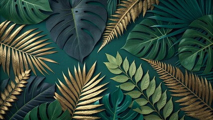 Creative nature background. Gold and green tropical palm leaves. Minimal summer abstract jungle or forest pattern. White paper frame copy space.
