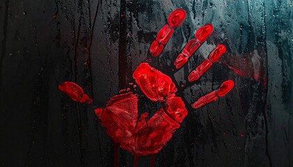 Eerie horror-themed image with red bloody handprint on misted glass dark moody background and condensation streaks for thriller suspense and atmospheric lifestyle visuals