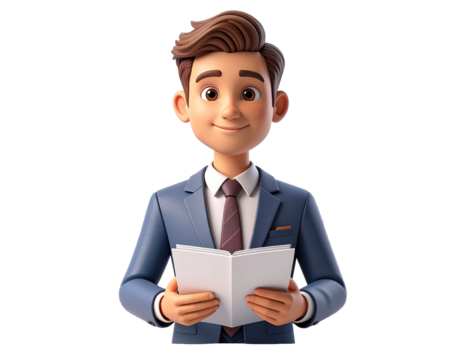 Young businessman 3D character in blue suit holding open book smiling at camera - Powered by Adobe