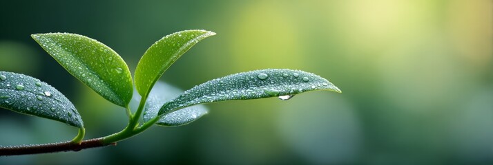 Vibrant green leaves glistening with fresh morning dew embodying nature's beauty and showcasing the delicate balance within the ecosystem, reflecting purity and life in every detail
