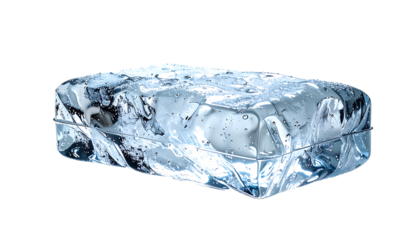 Translucent rectangular ice block, internally textured with air bubbles and flowing water patterns, isolated on black background