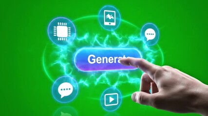 Hand pressing generate button with AI symbols for text image video and chat creation on green digital background 
 - Powered by Adobe