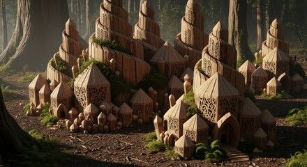 Intricate Wooden Village nestled in a Mystical Forest