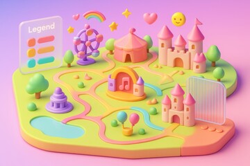 Fototapeta premium Colorful fantasy amusement park map with castles, ferris wheel, and legend on soft pastel background, playful travel concept for children. Ai generative
