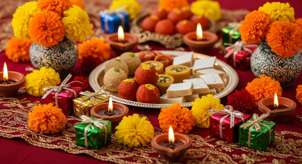 Fototapeta premium Table setup for Diwali with mithai sweets, marigold flowers, diya candles, and gift boxes