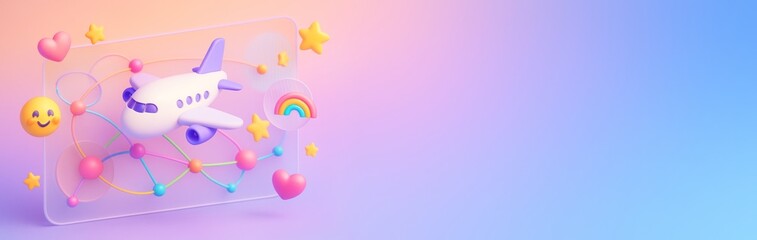 Fototapeta premium Colorful airplane with happy elements and rainbow on pastel background with copy space for travel poster, banner, or design template. Ai generative