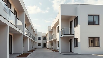 A modern housing complex with clean architectural lines, illuminated by soft daylight.
