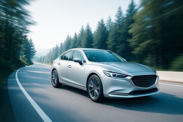 Silver modern sedan driving on curved road through forest with motion blur on trees and bright daylight background in transportation concept.