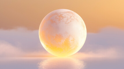 Surreal glowing sphere above calm water at sunrise, with misty horizon and golden light. Ideal for dreamscape, fantasy, or wellness-themed commercial use.
