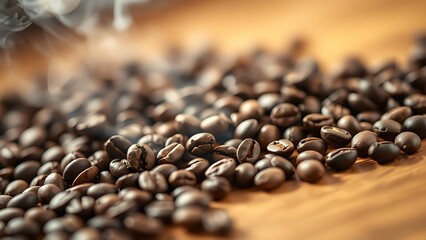 Fresh coffee beans on wood with steam, evoking warmth and rich aroma.
