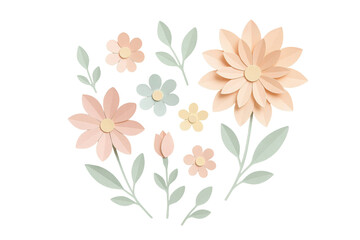 Collection of delicate paper flowers and leaves isolated on transparent background