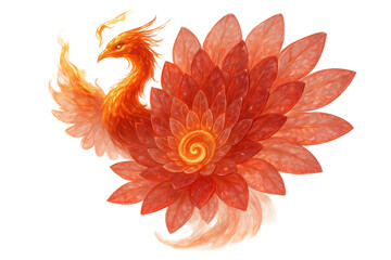 Fiery phoenix emerging from a glowing lotus flower isolated on transparent background