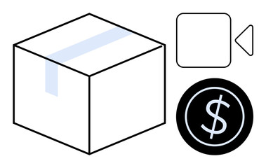 Box with tape, dollar coin, and video camera icon. Ideal for e-commerce, shipping, costs, marketing, delivery, logistics and trade concepts as a simple flat metaphor
