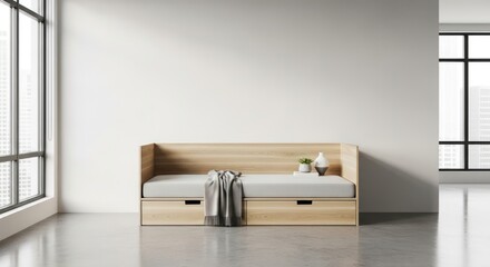 Modern Light Wood Daybed in Minimalist Room with City View