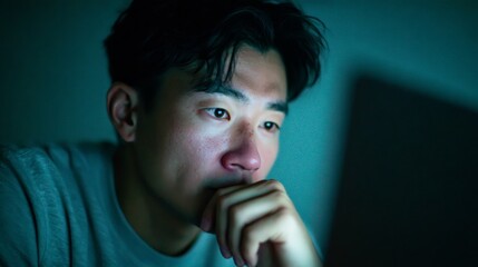 Young asian programmer concentrating on a challenging coding task late at night, illuminated by the glow of the computer screen, showcasing dedication and focus in software development