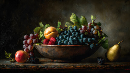 A realistic oil painting of a bowl of fresh fruits on a rustic wooden table, rich textures, dramatic chiaroscuro lighting, inspired by 17th-century Dutch still life masters