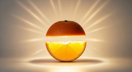 Levitating Orange Slice with Radiant Light Burst, Freshness Concept.