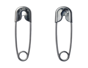 Two safety pins, side-by-side, rendered realistically. One pin shows slight surface imperfections