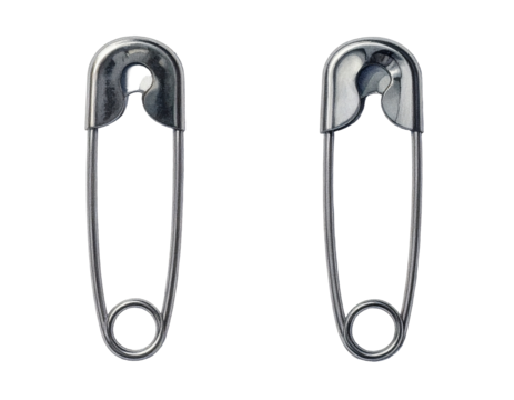 Two safety pins, side-by-side, rendered realistically. One pin shows slight surface imperfections