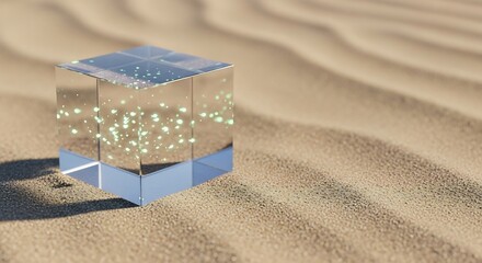 Luminescent Cube on Undulating Sand: Minimalist Abstract Still Life