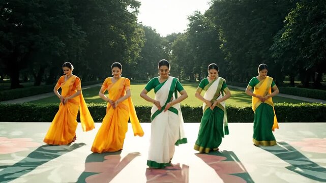five indian women perform graceful traditional dance outdoors