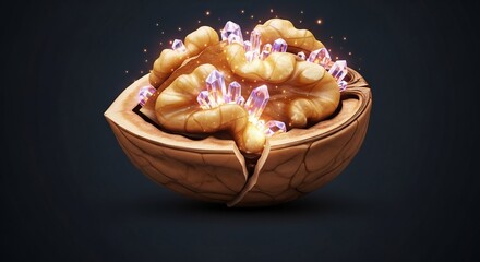 Luminous Amethyst Crystals Erupt from a Cracked Walnut, Symbolizing Hidden Genius