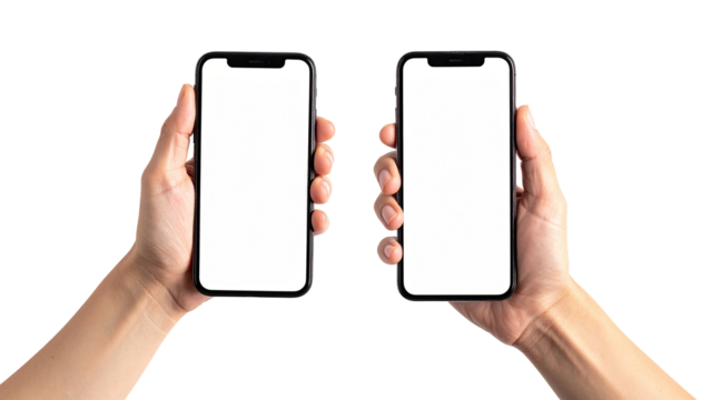 Two hands hold smartphones, blank screens (3)