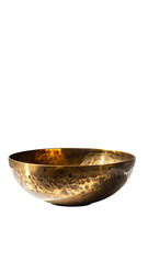 Wide, shallow, antique-gold singing bowl with subtle hammered texture and dark speckles, shown in profile against a black background