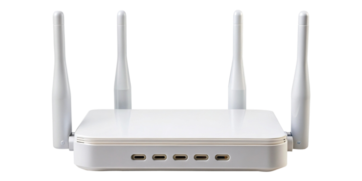 Close up of a modern white router with four antennas for wireless communication
