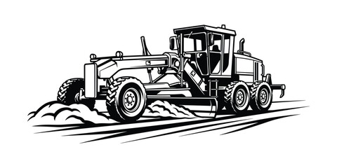 Black and White Road Grader Vector Illustration