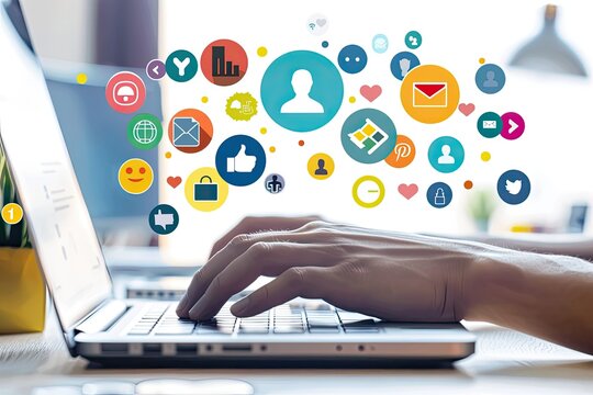 Hands typing on laptop with colorful social media icons floating above