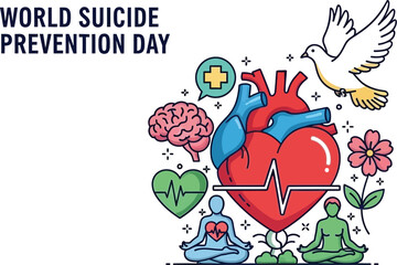 World suicide prevention day concept with heart, brain, flower, dove, and yoga
