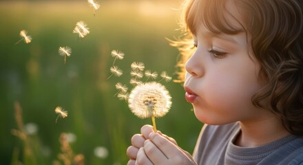 Close-up of joyful child blowing dandelion seeds in meadow under soft sunlight creating dreamy magical playful childhood moment