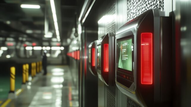Futuristic security checkpoint with digital interfaces in modern underground facility