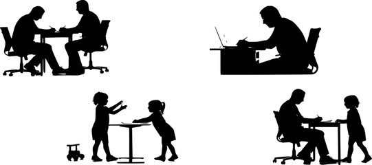 Father Working While Child Plays Nearby Silhouette
