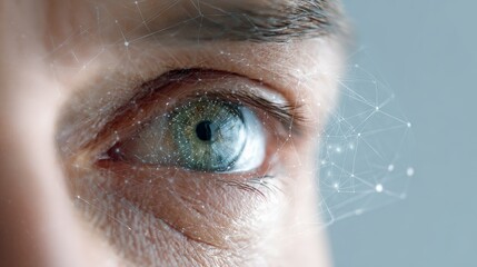 Close up of a human eye showcasing a futuristic vision enhanced by a complex artificial intelligence network, symbolizing technological advancement in human perception