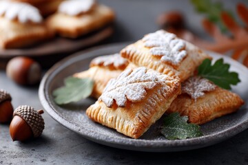 Autumn-themed puff pastries topped with leaf-shaped cookies and powdered sugar. Acorn and leaf-shaped puff pastries dusted with powdered sugar, autumn-themed cookie